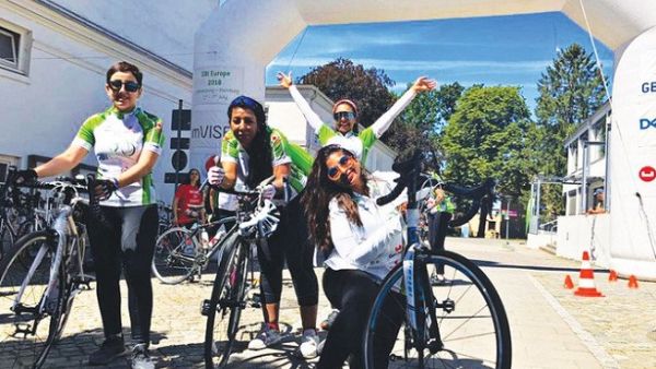 The Saudi HerRide women’s team celebrate a challenging stage finish on the GBI European tour. (AN)