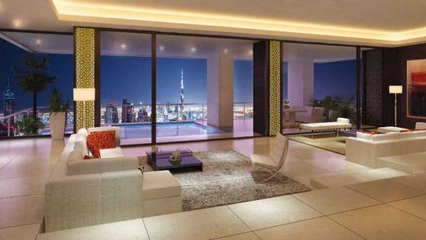 The penthouse is situated in a 74-story building and features a 360-degree view of Dubai’s skyline, multiple garden terraces, a lap pool and open-air Jacuzzi, a gym, a sauna and a steam room. (Habtoorcitydubai.com) 