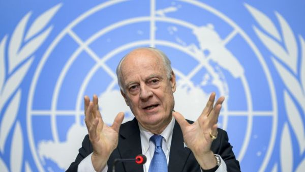 UN Syria envoy Staffan de Mistura gestures as he speaks during a press conference closing a round of Syrian peace talks at the United Nations Office in Geneva on March 24, 2016. (AFP/Fabrice Coffrini)