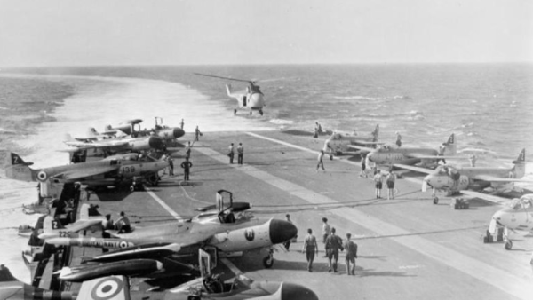 The Royal Navy aircraft carrier HMS Albion (R07) during the Suez Crisis (Wikimedia Commons)