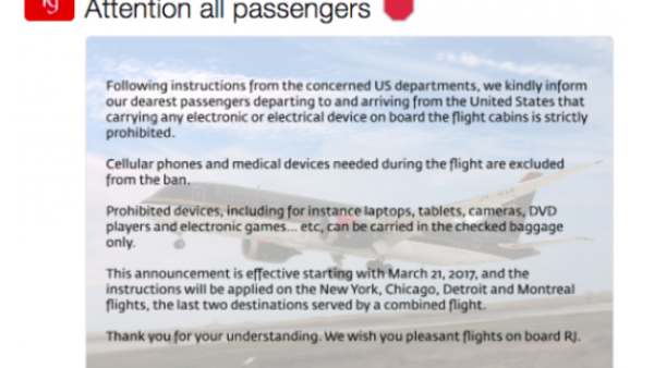 The announcement concerning the ban on electricals was first released through a tweet posted by Royal Jordanian Airlines. (Twitter)