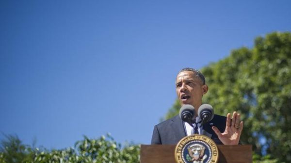 UNITED STATES, Chilmark : US President Barack Obama makes a statement on Egypt August 15, 2013, in Chilmark, Massachusetts. AFP PHOTO/Jim WATSON