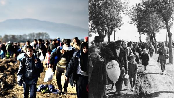 Left: Refugees are being escorted by police to buses in Slovenia. Right: Polish immigrants are expelled from their homes following the German invasion in 1939. (Getty/Wikimedia Commons)