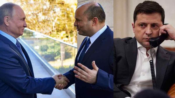رئيس الوزراء الإسرائيلي نفتالي بينيت (وسط) والرئيسان الأوكراني فولوديمير زيلينسكي (يمين) والروسي فلاديمير بوتين 