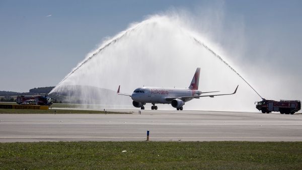 Air Arabia aircraft was welcomed with a water-salute at Vienna Airport Air Arabia aircraft was welcomed with a water-salute at Vienna Airport
