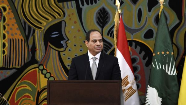 Egypt's President and current Chairperson of the African Union, Abdel Fattah al-Sisi, takes part in a joint press conference with Senegalese President at the Presidential Palace in Dakar for an official visit on April 12, 2019.  SEYLLOU / AFP