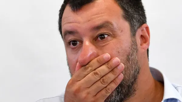 Italy’s Interior Minister and deputy PM Matteo Salvini gestures as he speaks on July 9, 2019 during the closure of Europe's one-time biggest asylum seeker and migrants reception centre in Mineo, southern Sicily.  Andreas SOLARO / AFP