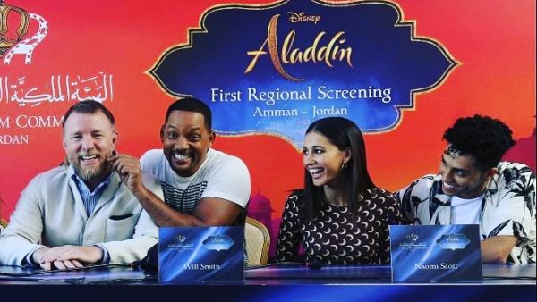 Actor Will Smith, second right, director Guy Ritchie, left, and cast members Naomi Scott, second right, and Mena Massoud, give a news conference for the regional launching of Disney's live-action "Aladdin," in the Jordanian capital Amman (Twitter)