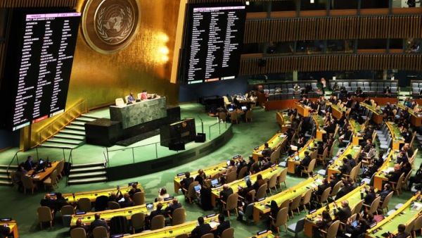 The results of the votes to expel Russia from the U.N. Human Rights Council of members of the United Nations General Assembly is seen on a screen during a continuation of the Eleventh Emergency Special Session on the invasion of Ukraine on April 07, 2022 in New York City. (Michael M. Santiago/Getty Images/AFP) United Nations Suspends Russia From Human Rights Council (AFP)