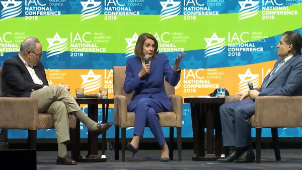 Nancy Pelosi during the Israel-America Council’s National Conference that was held in Florida in December 2018 in the presence of the Jewish Senator Chuck Schumer and Jewish billionaire Haim Saban. (Screenshot) Nancy Pelosi during the Israel-America Council’s National Conference that was held in Florida in December 2018 in the presence of the Jewish Senator Chuck Schumer and Jewish billionaire Haim Saban. (Screenshot)