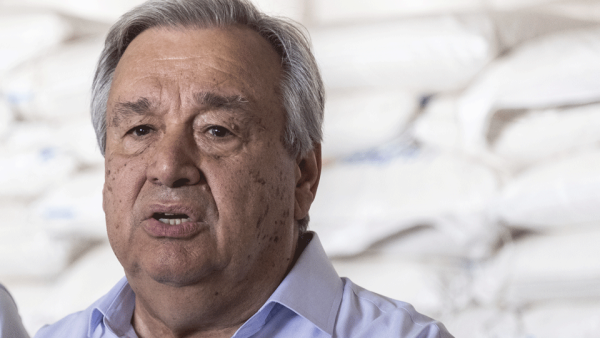 Antonio Guterres, the United Nations Secretary General, speaks during a press conference at the World Food Program Wharehouse, on July 12, 2019 in Beira, as part of Guterres' visit to assess recovery efforts from two cyclones earlier this year in Mozambique. 