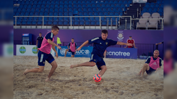 The Russian national team training at the tournament stadium. Kite Beach dressed up to celebrate 10th year of Tecnotree Intercontinental Beach Soccer Cup