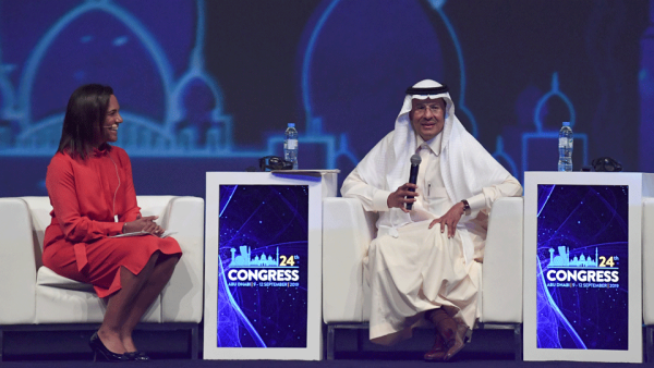 Saudi Arabia's Energy Minister Prince Abdulaziz bin Salman speaks during the opening ceremony of the 24th World Energy Congress (WEC) in the UAE capital Abu Dhabi on September 9, 2019. In his first comments since being appointed by his father King Salman, the minister signalled no major change in approach in Saudi Arabia, the de facto leader of OPEC which pumps about a third of the cartel's oil.
