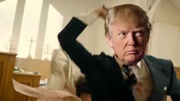 A scene from a video depicting a fake President Trump massacring the news media and his critics that was shown at a conference for his supporters at Trump National Doral Miami last week.