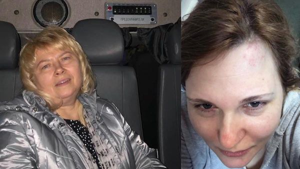 Human rights lawyer Marina Dubrovina in a police vehicle, and journalist Elena Milashina following separate attacks in Chechnya. Elena Milashina/Facebook