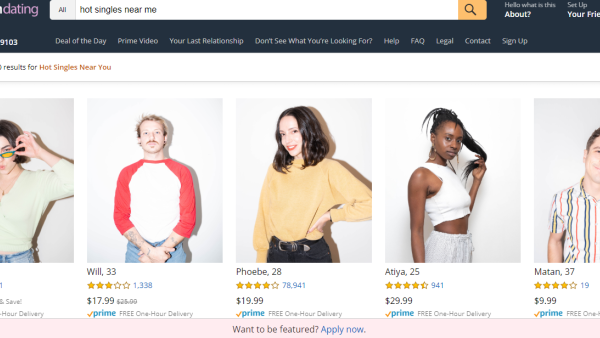 Amazon Dating's front page looks eerily similar to the multinational eCommerce company Amazon.