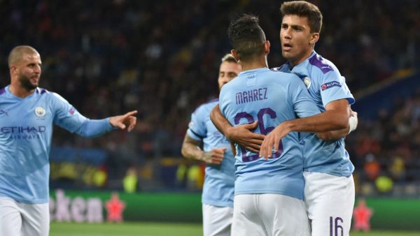 Manchester City's players celebrate a goal scored by Riyad Mahrez during the UEFA Champions League match against FC Shakhtar Donetsk on September 18, 2019. Genya SAVILOV / AFP 