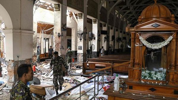Sri Lankan security personnel inspect the damage at St Anthony's Shrine. (AFP/ File)