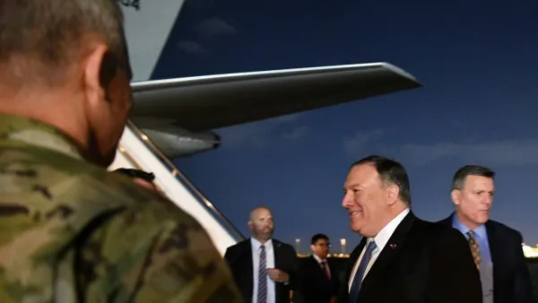 US Secretary of State Mike Pompeo (2nd R) smiles upon arrival at Baghdad International Airport in Baghdad on May 7, 2019. (AFP/ File)