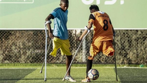 Palestinian amputee football players train at the municipal stadium in Gaza's Deir El-Balah on July 9, 2018. (AFP)
