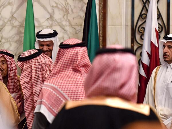 Abdullah bin Nasser bin Khalifa al-Thani (R), Qatar's Prime Minister, looks on as other delegates of the Gulf Cooperation Council (GCC) summit chat with each other, in the Saudi capital Riyadh on December 10, 2019. Fayez Nureldine / AFP