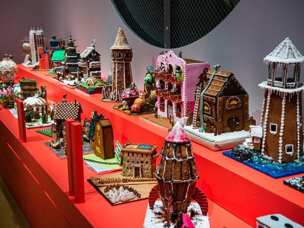 Gingerbread house models are pictured at the ArkDes, Sweden’s national centre for architecture and design, during this year's Gingerbread House 2020 competition with the theme 'Distance', on December 7, 2020 in Stockholm, Sweden. Jonathan NACKSTRAND / AFP
