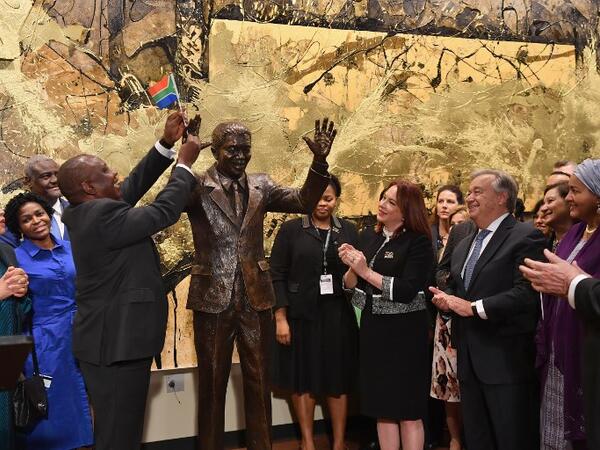 South Africa's President Cyril Ramaphosa, UN General Assembly President Maria Fernanda Espinosa and Secretary-General of the United Nations Antonio Guterres attend the unveiling ceremony of the Nelson Mandela statue from the Republic of South Africa on September 24, 2018 at the United Nations in New York. 
Angela Weiss / AFP