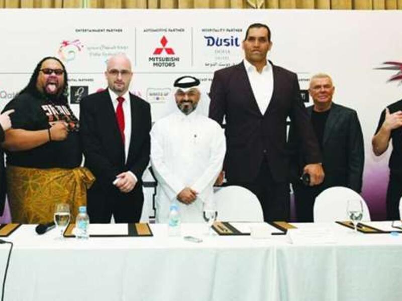 The pro-wrestling superstars Alofa, The Great Khali, and Rob Van Dam join QPW and Superslam 2 organisers at a press conference on Thursday at Dusit Doha Hotel Photo: Nasar K Moidheen.