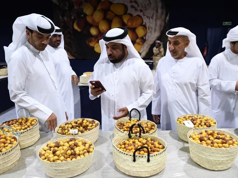 Emirati men check baskets of Dabas and Khalas dates during the annual Liwa Date Festival in the western region of Liwa on July 17, 2019. Karim SAHIB / AFP