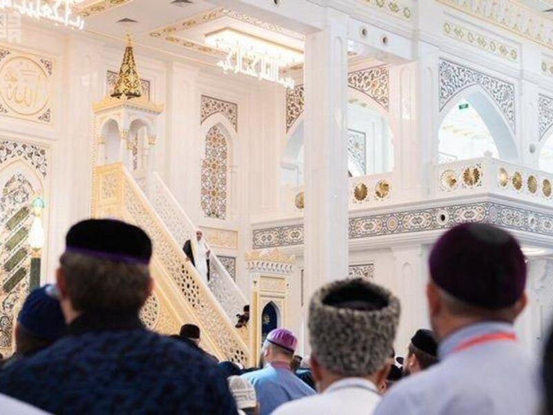 MWL Secretary-General Dr. Mohammed bin Abdul Karim Al-Issa delivers the first Friday sermon to be given in the mosque at the request of President Kadyrov. (SPA)