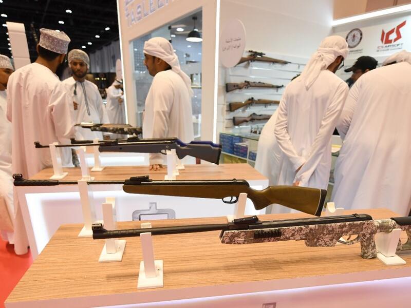 This picture taken on August 31, 2019 shows bolt action rifles on display during the Abu Dhabi International Hunting and Equestrian exhibition (ADIHEX) in the UAE capital Abu Dhabi.  KARIM SAHIB / AFP