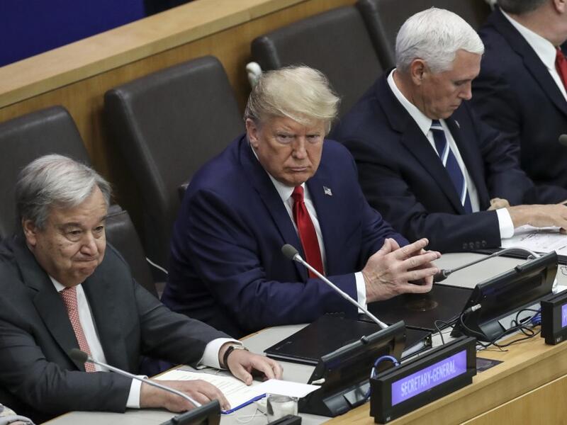 (L-R) United Nations (U.N.) Secretary General Antonio Guterres, U.S. President Donald Trump and Vice President Mike Pence attend a meeting on religious freedom at U.N. headquarters on September 23, 2019 in New York City. While hundreds of world leaders gather for the climate summit during the UN General Assembly, President Trump chose to skip the event in favor of his own meeting on religious freedom and persecution. Drew Angerer/Getty Images/AFP Drew Angerer / GETTY IMAGES NORTH AMERICA / AFP