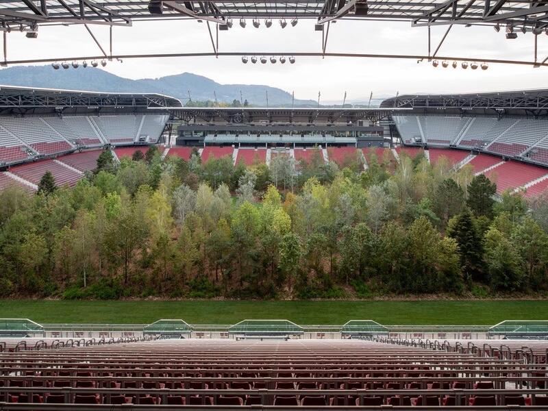 Swiss curator Klaus Littmann installed an entire forest, basically, into the home stadium of Austrian side Austria Klagenfurt (Twitter)