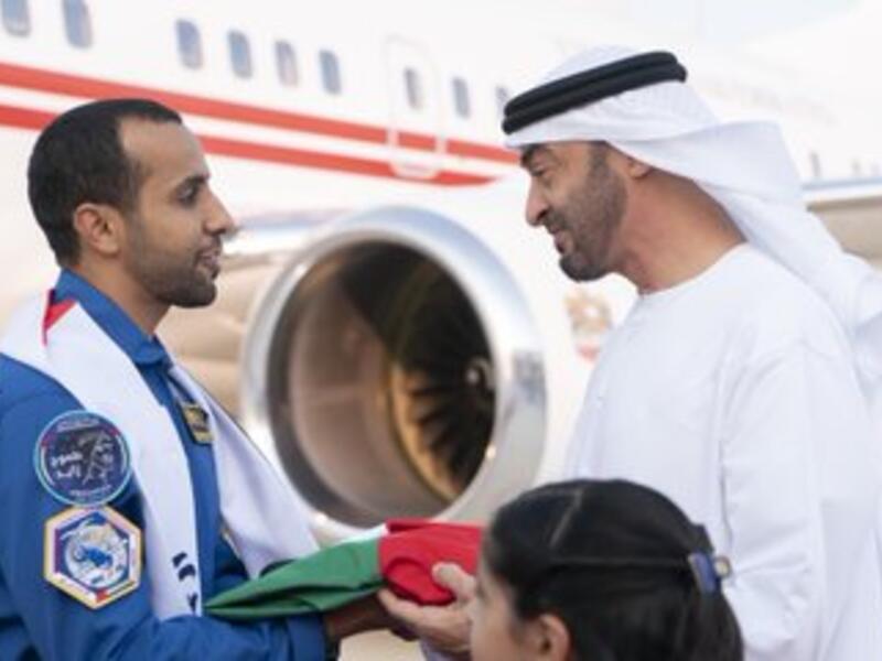 Mohammed bin Zayed receives astronauts Hazza Al Mansouri and Sultan Al Neyadi upon arrival at the Presidential Airport after a successful historic trip to the International Space Station. (Twitter/ @MohamedBinZayed)