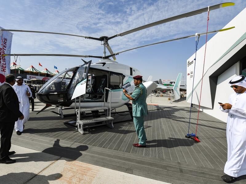 This picture taken on November 18, 2019 shows a view of a Russian Helicopters VRT 500 twin coaxial rotor light helicopter on display during the 2019 Dubai Airshow. KARIM SAHIB / AFP