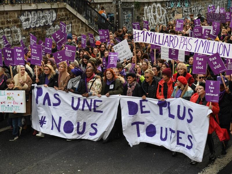 French actress Alexandra Lamy, French actress Julie Gayet, French actress Nadege Beausson Diagne, French director and actress Eva Darlan, French senator and former minister Laurence Rossignol, French humorist and activist Muriel Robin, French actress Anne Le Nen and French artist Orlan take part in a protest to condemn violence against women, on November 23, 2019, in Paris. Alain JOCARD / AFP