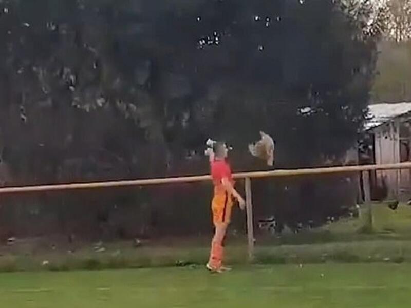 Ivan Gazdek, 23, was shown a straight red card during a semi-professional football match in Croatia at the weekend for kicking a chicken to death after it ran on the pitch. (Twitter)