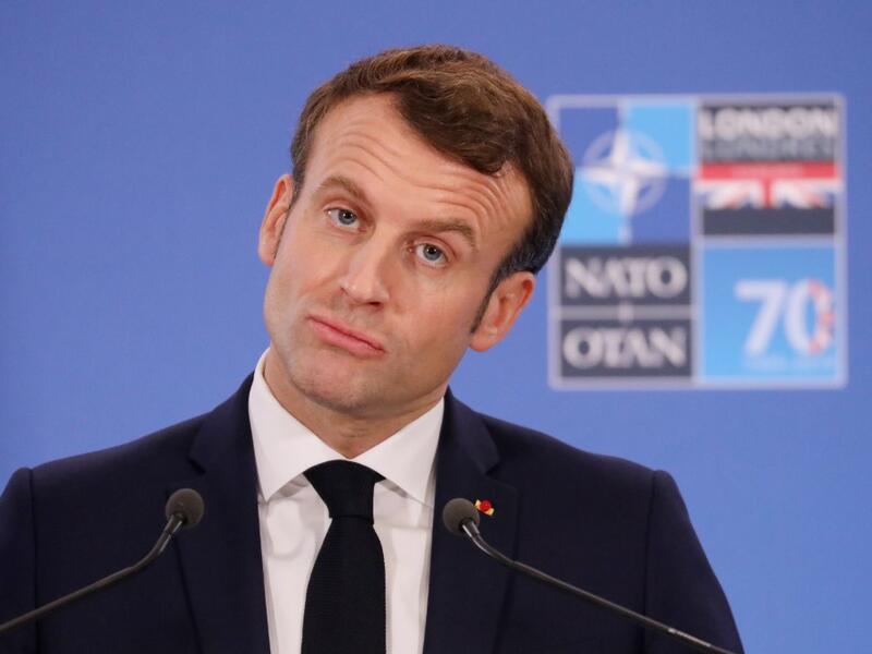 France's President Emmanuel Macron gives a press conference at the NATO summit at the Grove hotel in Watford, northeast of London on December 4, 2019. LUDOVIC MARIN / AFP