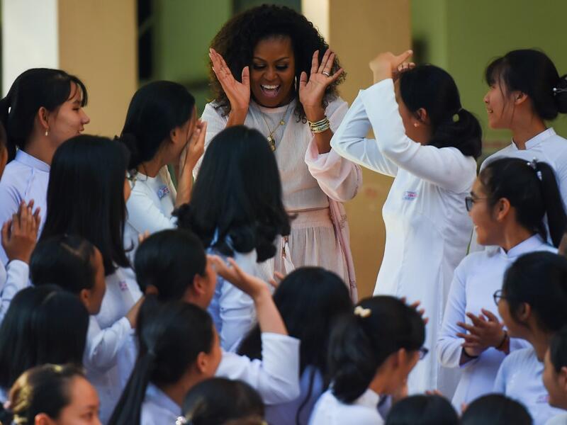 Former US First Lady Michelle Obama meets Vietnamese students in Can Giuoc district, Long An province on December 9, 2019. Michelle Obama and Julia Roberts visit to promote girls' education in Vietnam. Nhac NGUYEN / AFP