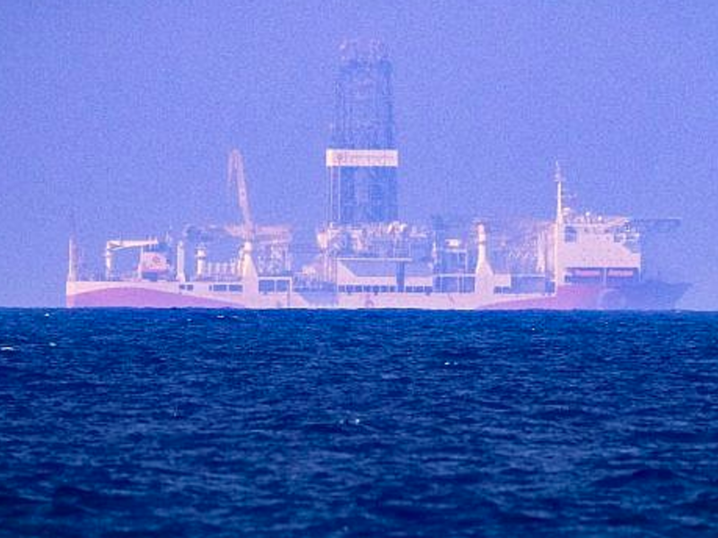This photo from June 24, 2019, in the Mediterranean Sea off Cyprus shows the drilling vessel Fatih, which was deployed by Turkey to search for gas and oil in waters considered part of the EU state's exclusive economic zone. (AFP)