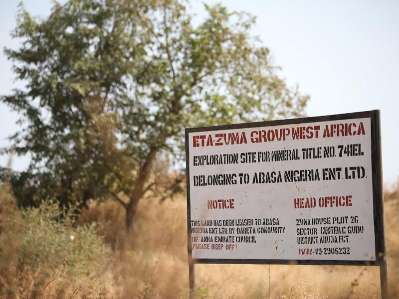 A signpost is seen at a mining site in Anka near Gusau, on December 4,2019. For generations, the mineral-rich earth of Nigeria's Zamfara state has provided families living here with a way to make ends meet. Kola Sulaimon / AFP