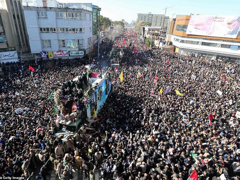 Iranian mourners gather for the burial of slain top general Qassem Soleimani in his hometown of Kerman on Tuesday. (AFP/ File Photo)