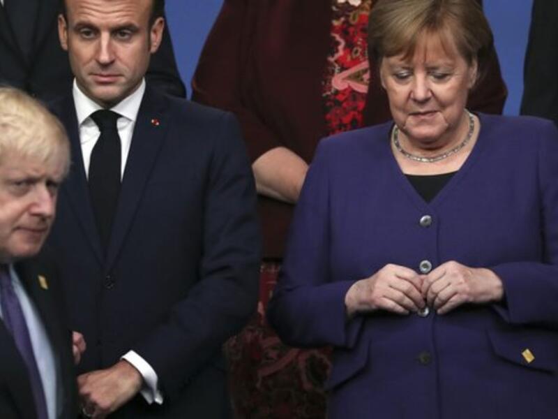 French President Emmanuel Macron, German Chancellor Angela Merkel and Britain’s Prime Minister Boris Johnson (Twitter)