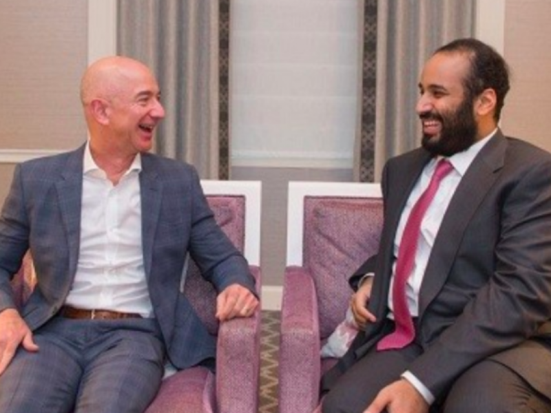Jeff Bezos with Mohammed bin Salman during his visit to the US in March 2018 (Saudi Press Agency)