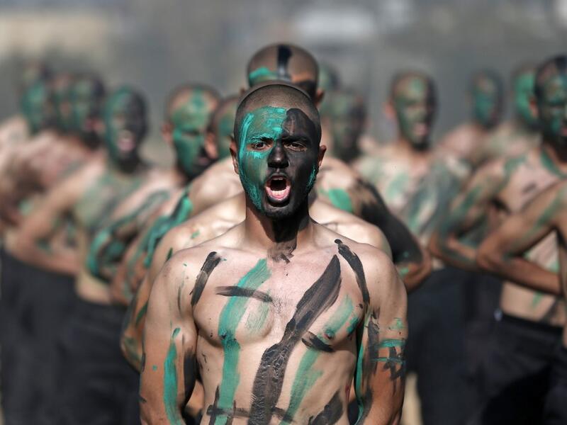 Palestinian police cadets take part in a training session at a police academy in Khan Yunis, in the southern Gaza Strip on February 6, 2020. MAHMUD HAMS / AFP