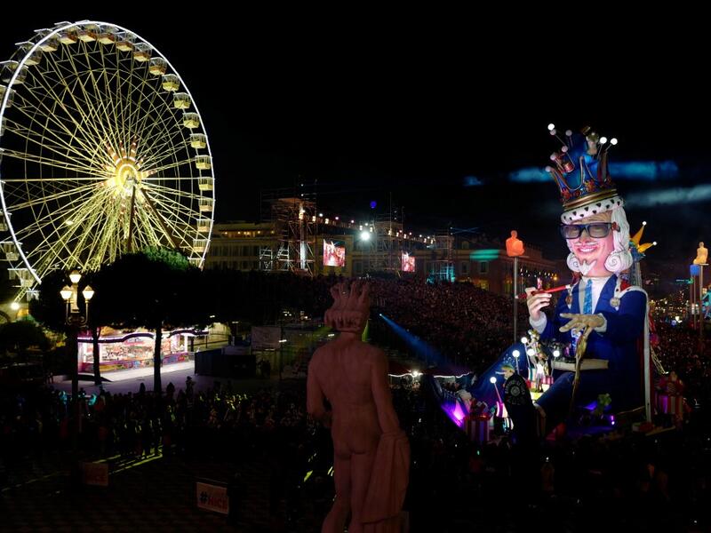 A giant figure depicting a king is seen during the 136th Nice Carnival parade in Nice, southeastern France, on February 15, 2020. The Carnival takes place until February 29, 2020 on the theme 'King of Fashion'. VALERY HACHE / AFP