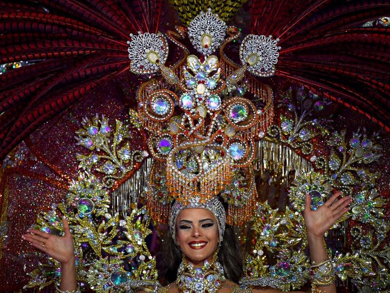 A participant presents her outfit during the Queen of the Carnival pageant contest in Santa Cruz de Tenerife, on the Spanish Canary island of Tenerife, on February 19, 2020. Gabriel BOUYS / AFP