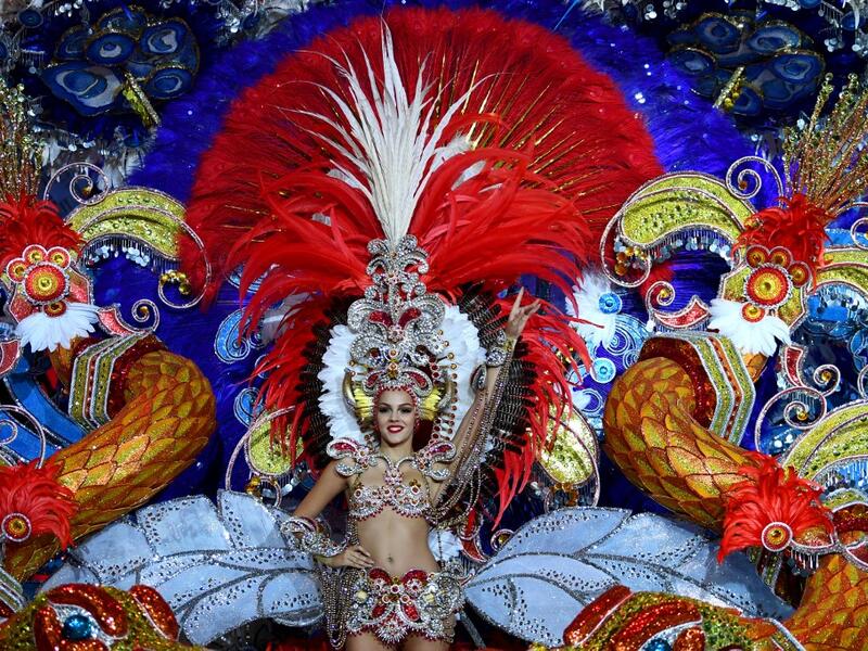 A participant presents her outfit during the Queen of the Carnival pageant contest in Santa Cruz de Tenerife, on the Spanish Canary island of Tenerife, on February 19, 2020. Gabriel BOUYS / AFP
