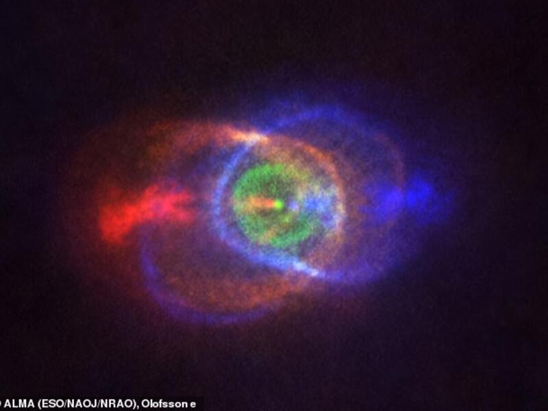 In observations from from Alma (pictured) gases expelled from the stars collision can be seen floating around the nebula in a complex and strange array. (ALMA)