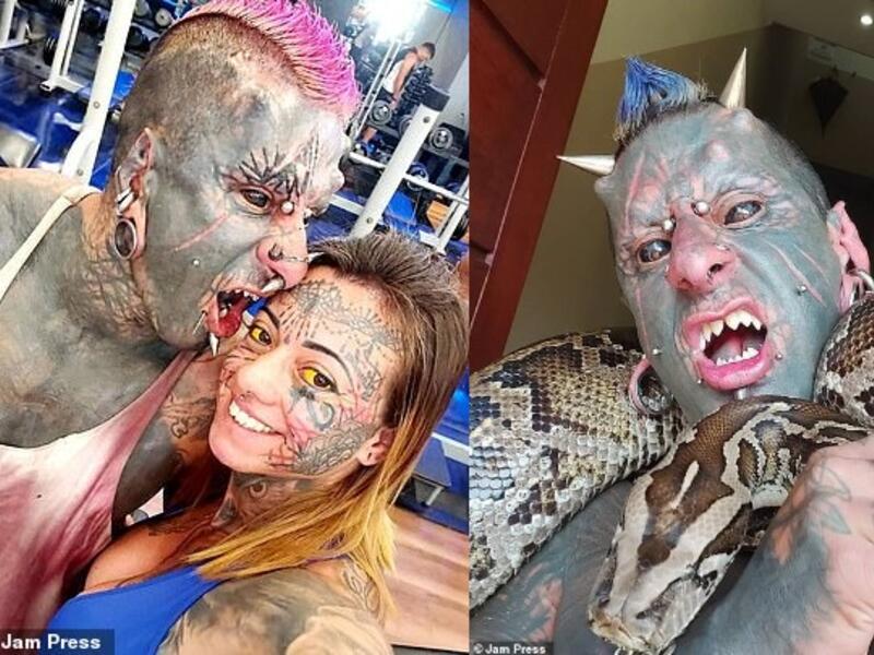 The father, who has worked as a tattoo artist for 25 years, said he wants to look as sinister as possible with implanted horns and his teeth filed into points. (Jam Press)